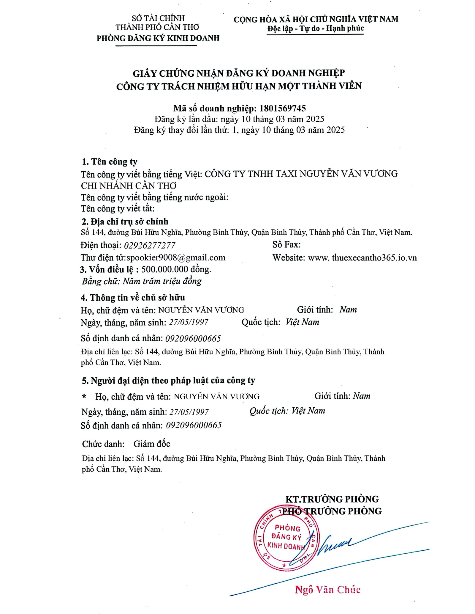 Giấy phép kinh doanh CÔNG TY TNHH TAXI NGUYỄN VĂN VƯƠNG CHI NHÁNH CẦN THƠ
